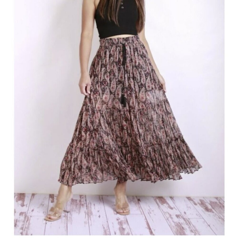 ZARA New Paisley Floral Print Metallic Boho Tiered Full Black Midi Skirt
